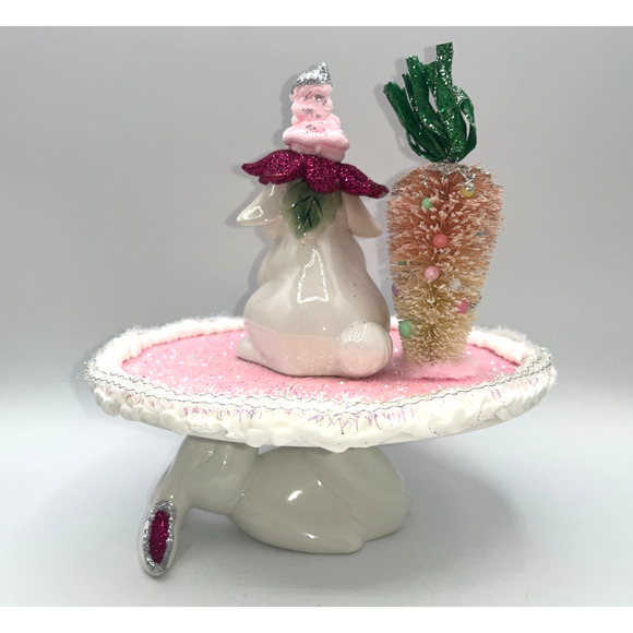 Vintage Ceramic Bunny Sitting on Cake Stand Bottle Brush Carrott Tree Flower Hat - Picture 14 of 16